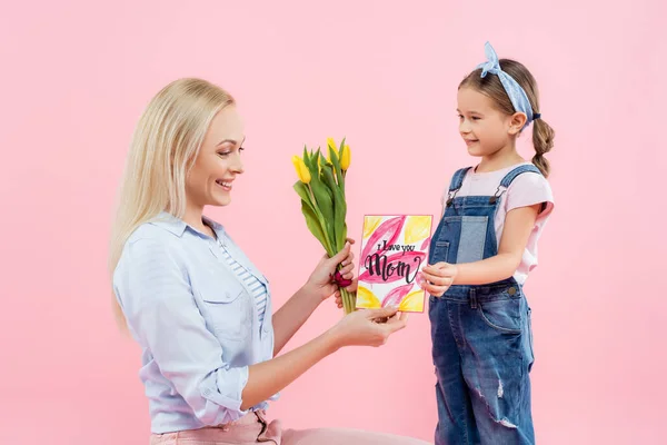 Happy Kid Holding Tulips Greeting Card Love You Mom Lettering — Stock Photo, Image