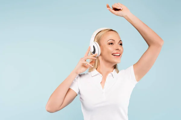 Cheerful Woman Wireless Headphones Isolated Blue — Stock Photo, Image