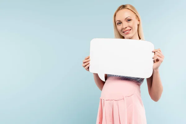 Happy Pregnant Woman Dress Holding Blank Speech Bubble Isolated Blue — Stock Photo, Image