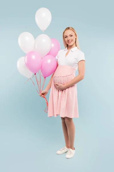 Full Längd Gravid Kvinna Som Håller Ballonger Blå — Stockfoto