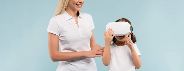 Cheerful Mother Smiling Daughter Headset Isolated Blue Banner — Stock Photo, Image