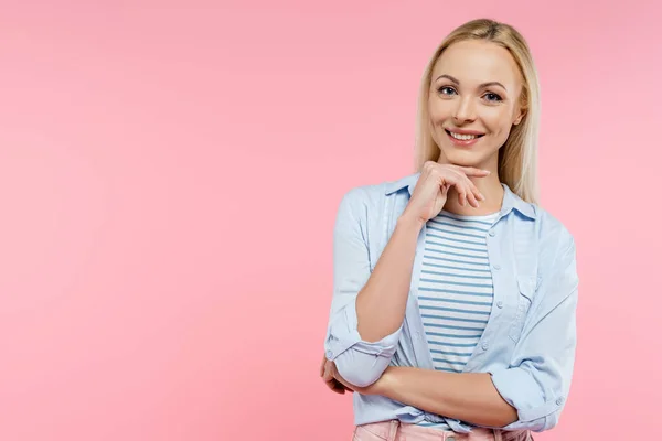 Happy Blonde Woman Smiling Isolated Pink — Stock Photo, Image