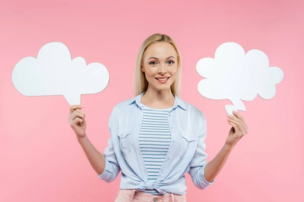 Happy Blonde Woman Holding Thought Bubbles Isolated Pink — Stock Photo, Image
