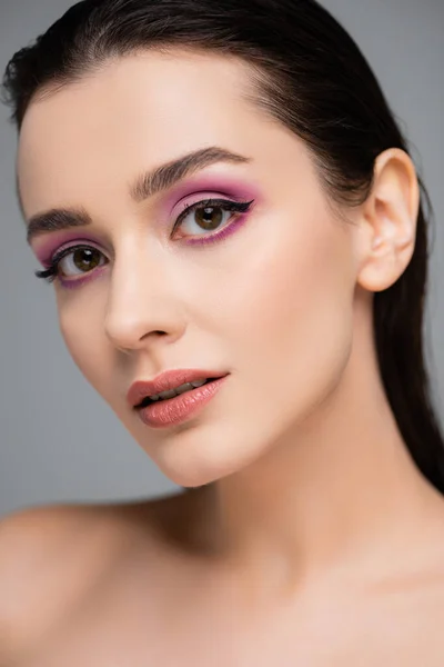 Young Woman Pink Eye Shadows Bare Shoulders Isolated Grey — Stock Photo, Image