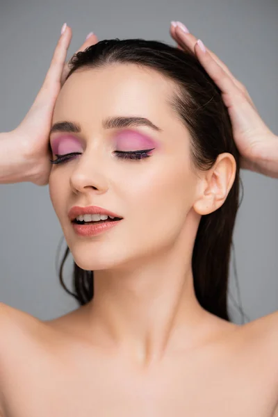 Young Woman Pink Eye Shadows Adjusting Hair Isolated Grey — Stock Photo, Image