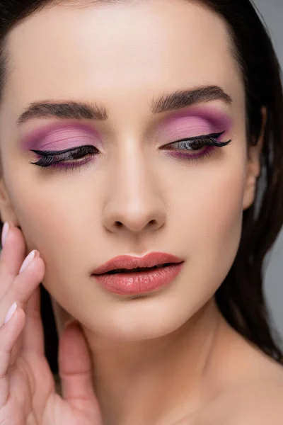 Close Brunette Woman Pink Eye Shadows Looking Away Isolated Grey — Stock Photo, Image