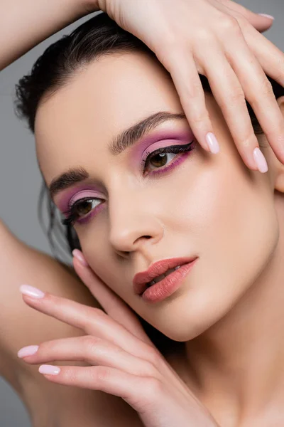 Close Brunette Woman Pink Eye Shadows Posing Isolated Grey — Stock Photo, Image