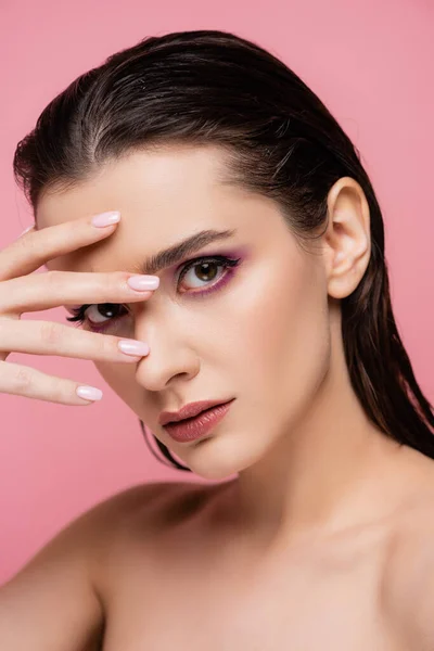 Young Sensual Woman Makeup Bare Shoulders Looking Camera Isolated Pink — Stock Photo, Image