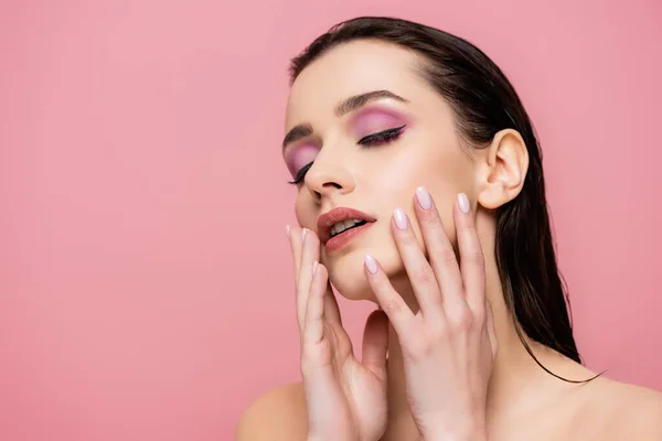 Young Woman Bare Shoulders Makeup Touching Face Isolated Pink — Stock Photo, Image