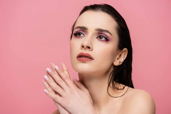 Dreamy Young Woman Bare Shoulders Makeup Looking Away Isolated Pink — Stock Photo, Image