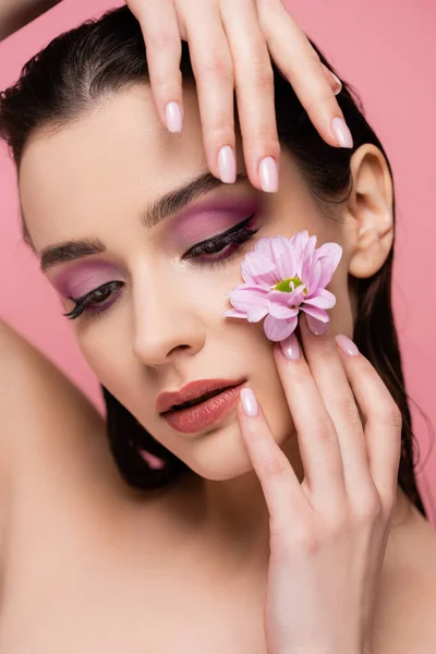 Sensual Young Woman Eye Shadows Holding Flower Isolated Pink — Stock Photo, Image