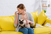 Žena s alergií kýchání při držení ubrousek a siamská kočka 