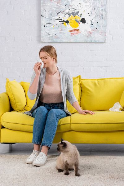 Woman with napkin sneezing near siamese cat on carpet 