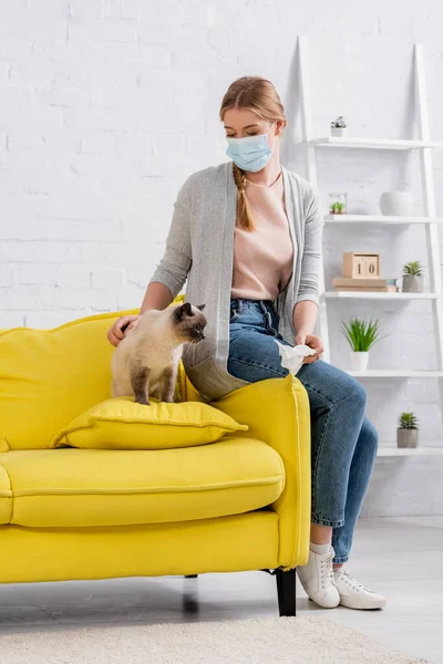 Mujer Joven Con Máscara Médica Sosteniendo Servilleta Cerca Del Gato — Foto de Stock