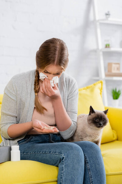 Woman with snuffle looking at pills during allergy near furry siamese cat 