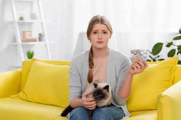 Disappointed Woman Allergy Reaction Holding Siamese Cat Pills Living Room — Stock Photo, Image