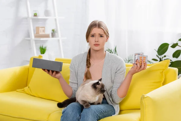 Displeased Woman Allergy Holding Pills Box Napkin Siamese Cat — Stock Photo, Image