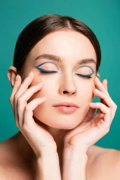 Charming Woman Blue Eyeliner Closed Eyes Posing Hands Face Isolated — Stock Photo, Image