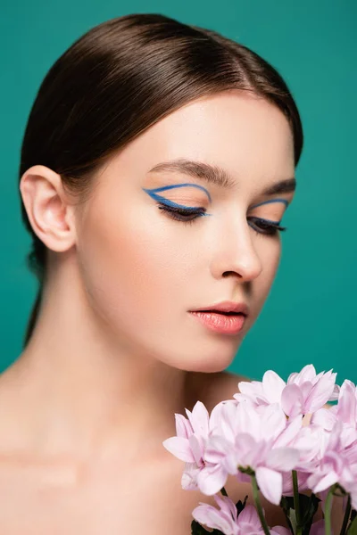 Portrait Young Sensual Woman Creative Makeup Posing Pink Flowers Isolated — Stock Photo, Image