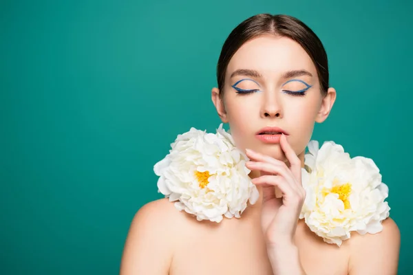 Sensual Woman Closed Eyes White Peonies Shoulders Touching Lips Isolated — Stock Photo, Image