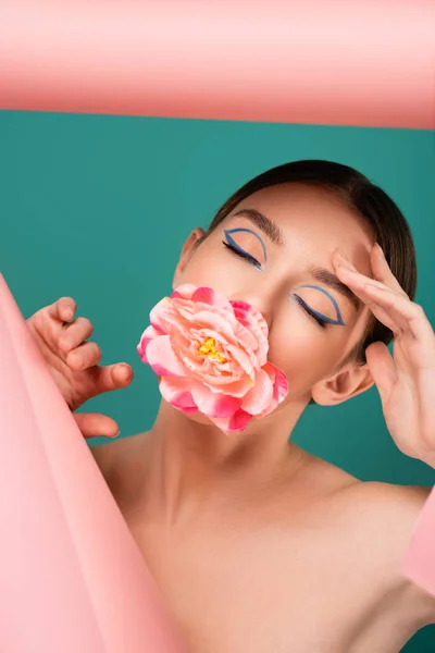 Charming Woman Closed Eyes Peony Mouth Hole Pink Paper Isolated — Stock Photo, Image