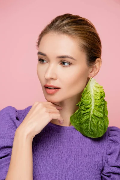 Charming Woman Natural Makeup Wearing Green Lettuce Earring Isolated Pink — Stock Photo, Image