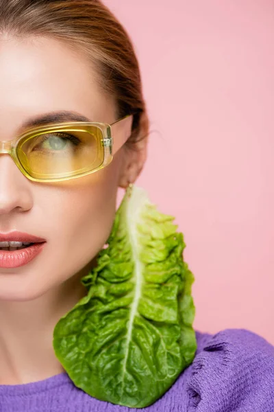 Close View Young Woman Colored Eyeglasses Fresh Lettuce Earring Isolated — Stock Photo, Image