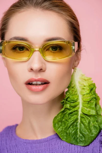 Close Portrait Woman Colored Eyeglasses Fresh Lettuce Earring Isolated Pink — Stock Photo, Image