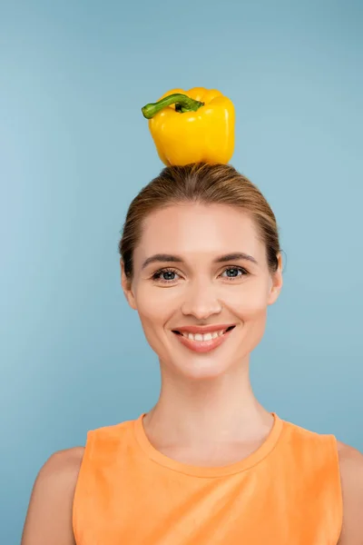 Cheerful Woman Yellow Bell Pepper Head Smiling Camera Isolated Blue — Stock Photo, Image