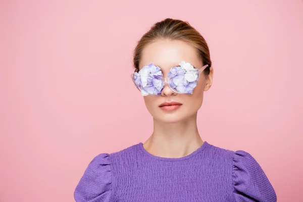 Woman Purple Blouse Flowers Eyeglasses Isolated Pink — Stock Photo, Image