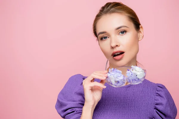 Sensual Woman Natural Makeup Holding Eyeglasses Floral Petals Isolated Pink — Stock Photo, Image