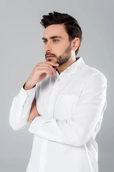 Young Man White Shirt Holding Hand Chin Isolated Grey — Stock Photo, Image