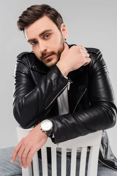 Man Black Leather Jacket Looking Camera Chair Isolated Grey — Stock Photo, Image