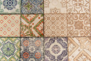 background of tiles with orient, multicolored ornamental pattern, top view clipart