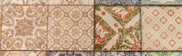 background with vintage, multicolored ornamental tiles, top view, banner