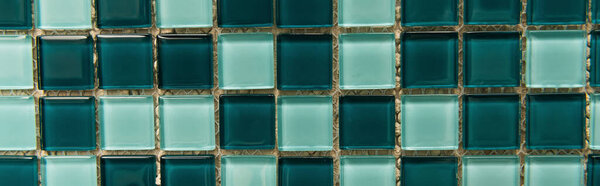 green and blue glass tiles background, top view, banner