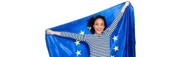 joyful african american woman holding flag of european union isolated on white, banner clipart