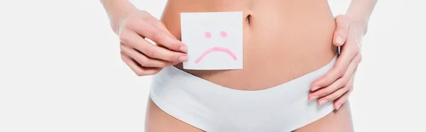 Cropped View Woman Panties Holding Card Sad Emoticon Isolated White — Stock Photo, Image