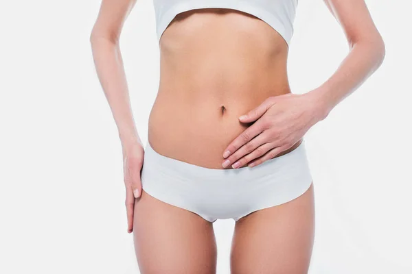 Cropped View Woman Underwear Touching Belly Isolated White — Stock Photo, Image