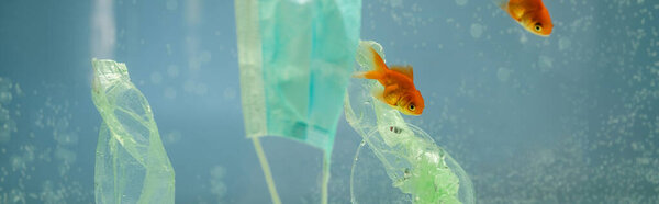 cellophane rubbish and medical mask near goldfishes in water, ecology concept, banner