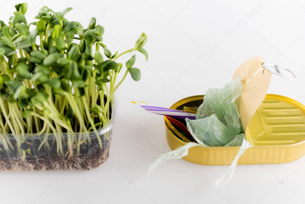 tin with trash near young plants growing in plastic container on white, ecology concept