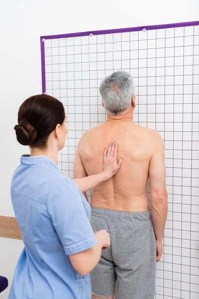 orthopedist examining back of middle aged man in rehabilitation center