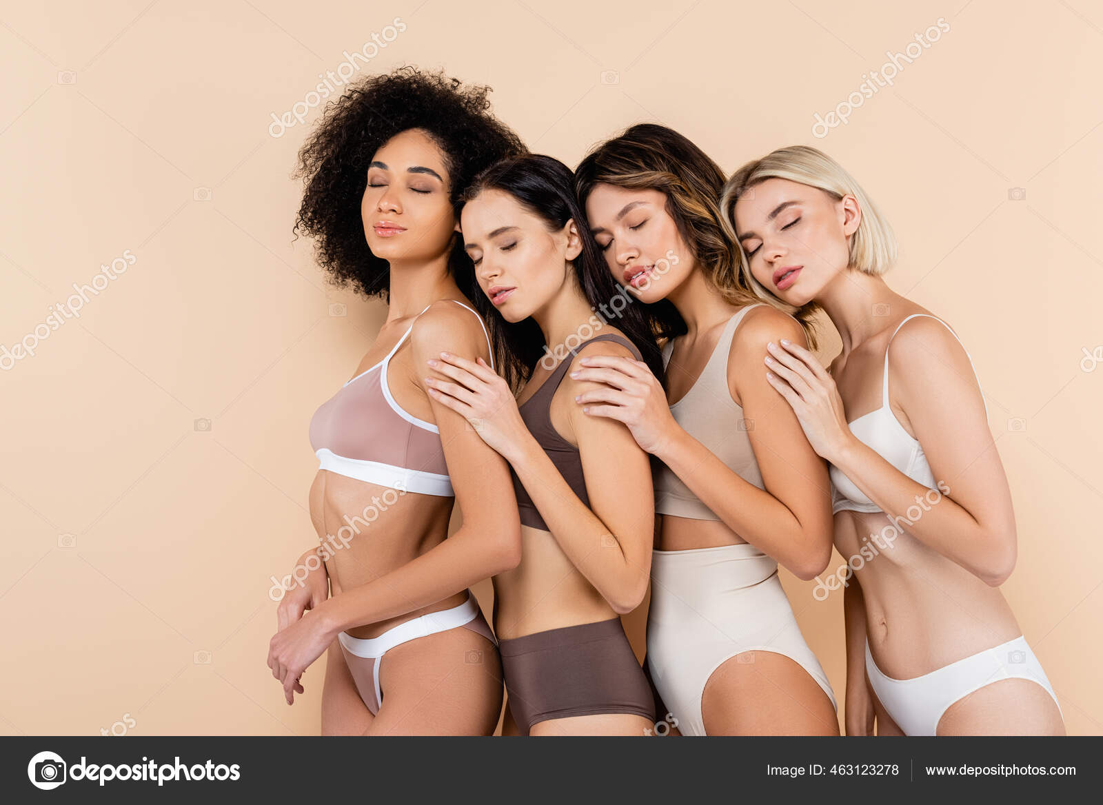 Multicultural Women Underwear Leaning Each Other Closed Eyes Beige