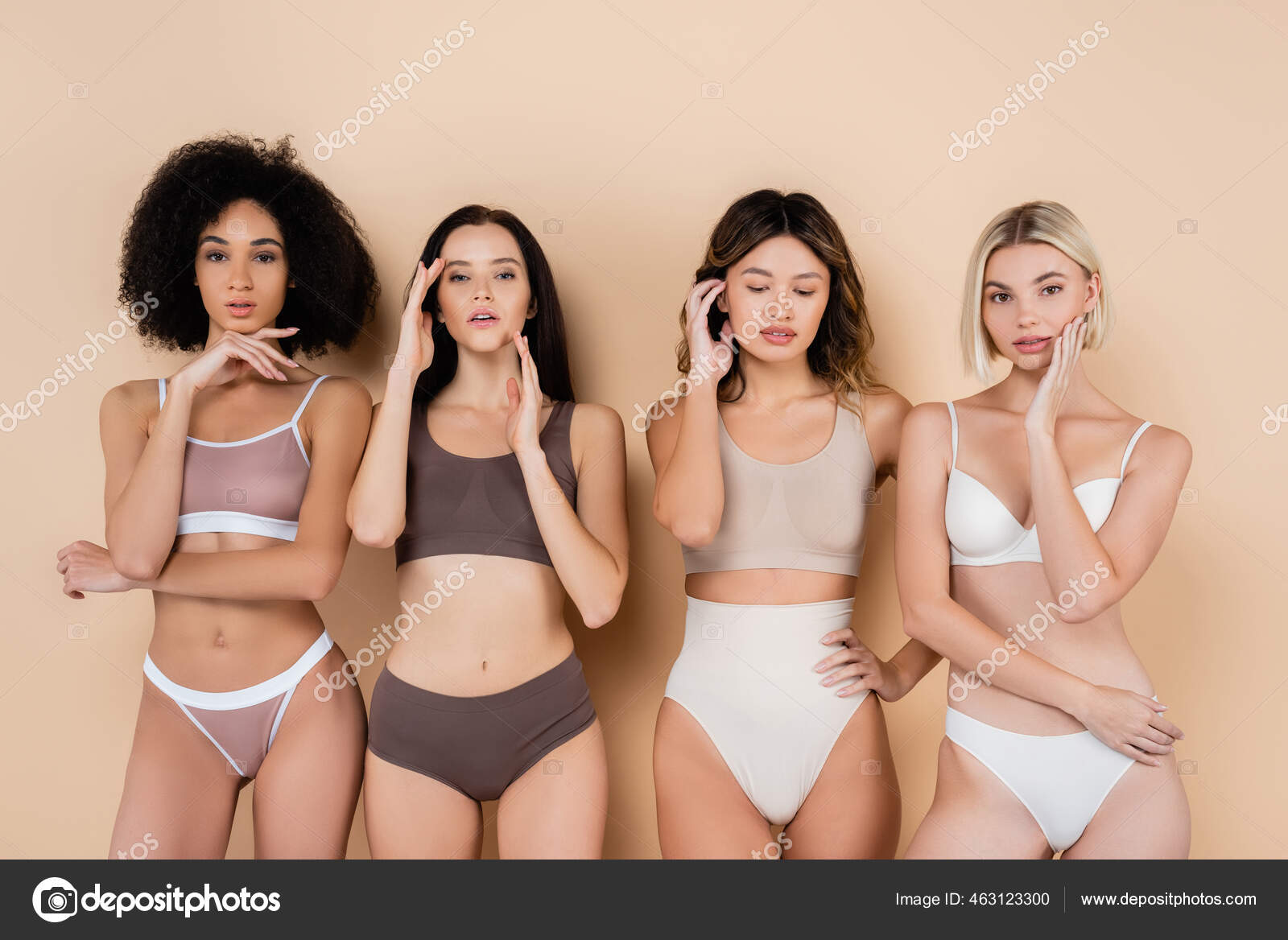 Interracial Women Underwear Touching Faces Fixing Hair Beige Stock Photo by  ©IgorVetushko 463123300