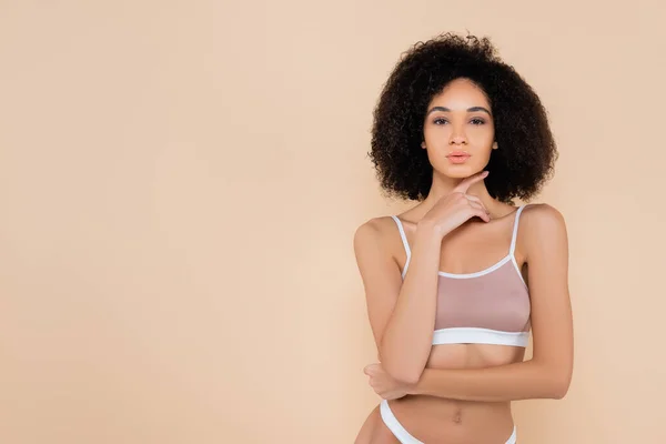 Young African American Woman Underwear Posing Hand Face Isolated Beige — Stock Photo, Image