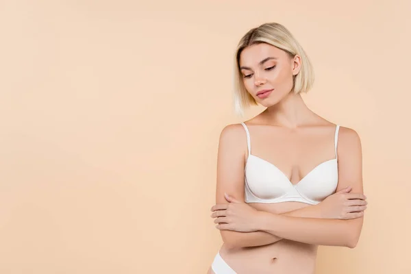 Blonde Woman Bra Posing Crossed Arms Isolated Beige — Stock Photo, Image