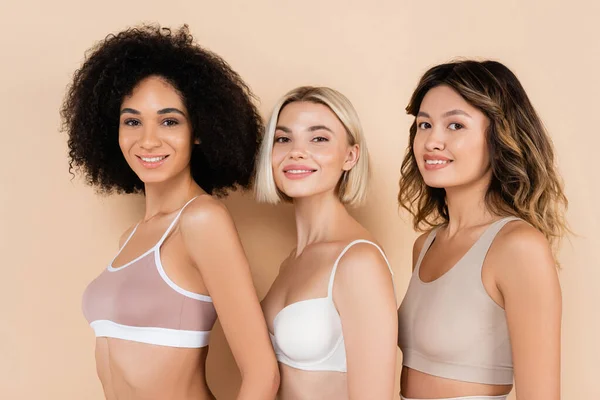 Happy Interracial Women Bras Smiling Camera Beige — Stock Photo, Image