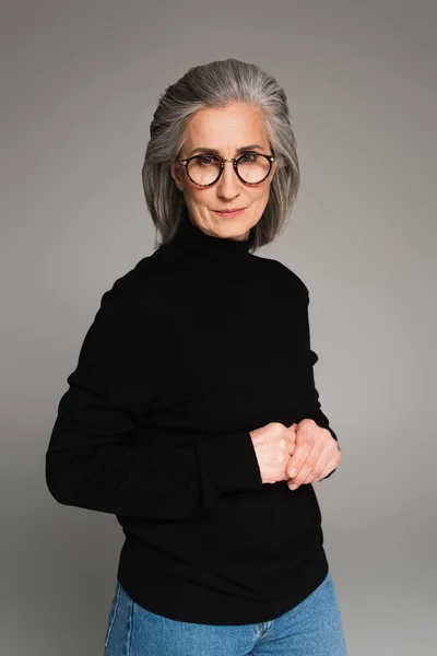 Portrait Mature Woman Eyeglasses Turtleneck Isolated Grey — Stock Photo, Image