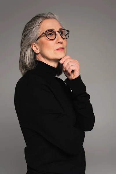 Portrait Woman Turtleneck Eyeglasses Isolated Grey — Stock Photo, Image