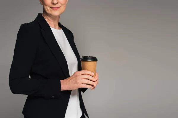 Cropped View Manager Holding Coffee Isolated Grey — Stock Photo, Image